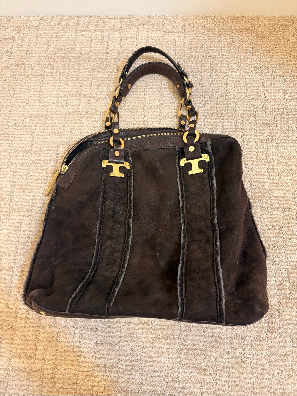 Women’s Sheepskin Tote Handbag - Dark Brown with Gold Hardware